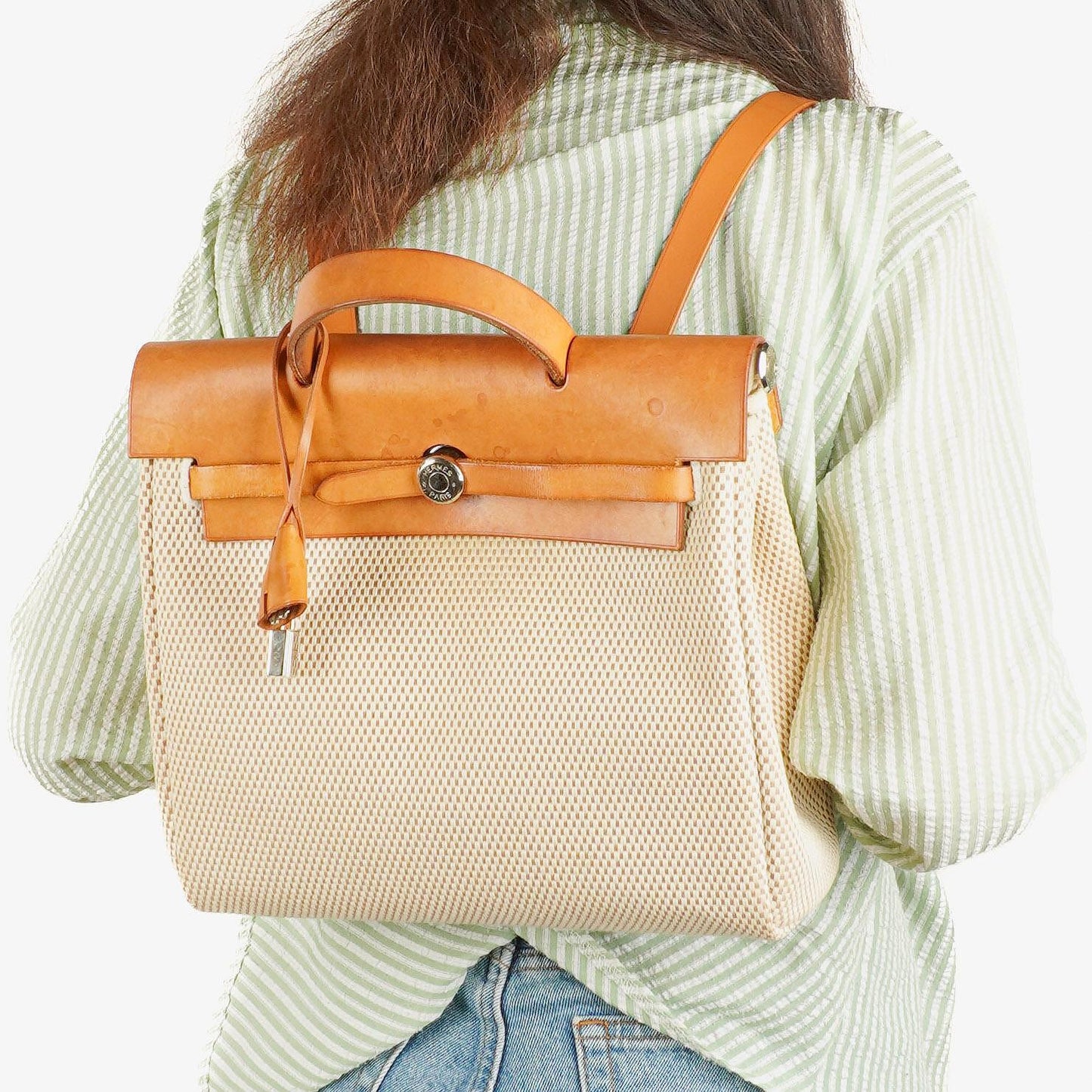 Hermès Herbag PM 2-Wege-Rucksack Vache Hunter Criss Viking in Ecru Beige Naturel mit Palladium-Beschlägen