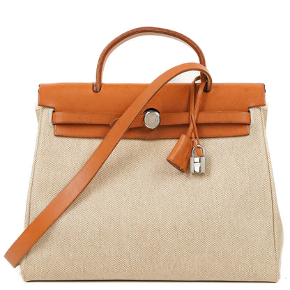 Hermes Herbag PM 2-Wege Tasche Vache Hunter Toile Canvas 30 Ecru Beige Naturel Palladium Beschläge 2000