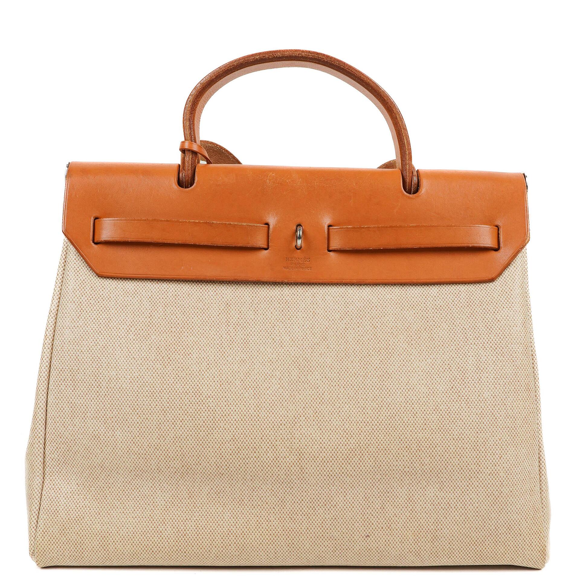 Hermes Herbag PM 2-Wege Tasche Vache Hunter Toile Canvas 30 Ecru Beige Naturel Palladium Beschläge 2000