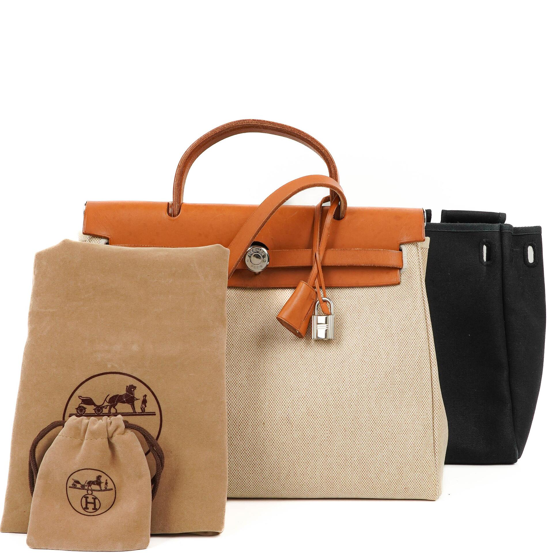 Hermes Herbag PM 2-Wege Tasche Vache Hunter Toile Canvas 30 Ecru Beige Naturel Palladium Beschläge 2000