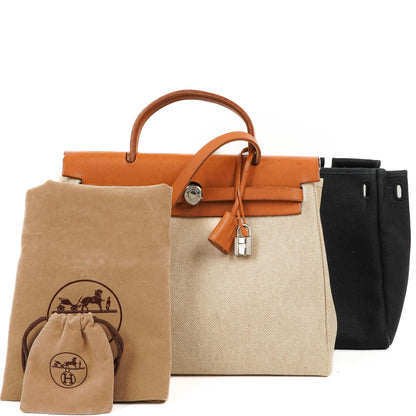 Hermes Herbag PM 2-Wege Tasche Vache Hunter Toile Canvas 30 Ecru Beige Naturel Palladium Beschläge 2000