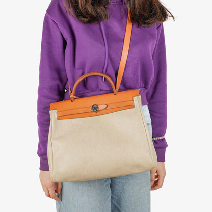 Hermès Herbag PM 30 2-Wege-Tasche aus Vache Hunter Leder und Toile Canvas in Ecru Beige Naturel mit Palladium-Hardware, 2000