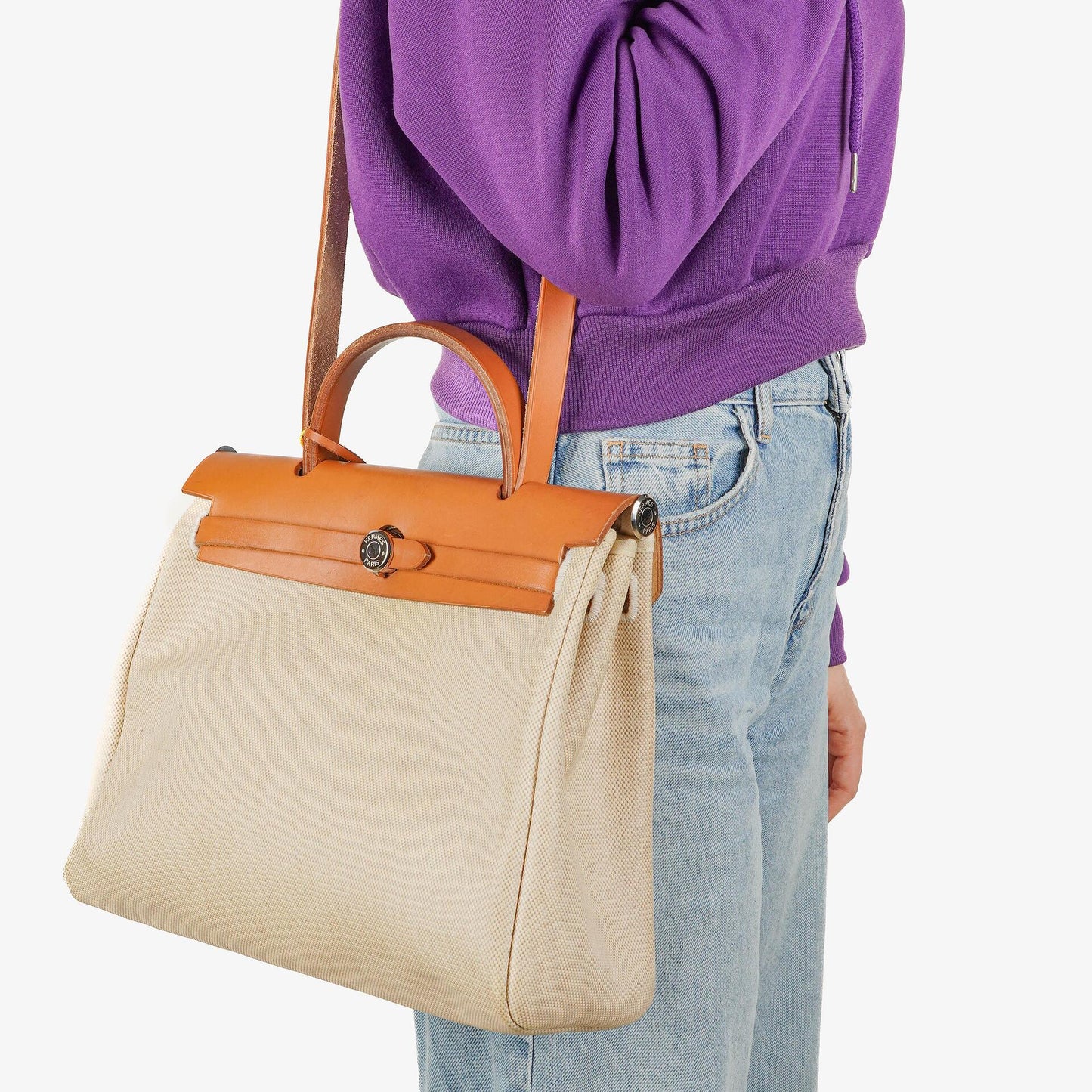 Hermès Herbag PM 30 2-Wege-Tasche aus Vache Hunter Leder und Toile Canvas in Ecru Beige Naturel mit Palladium-Hardware, 2000