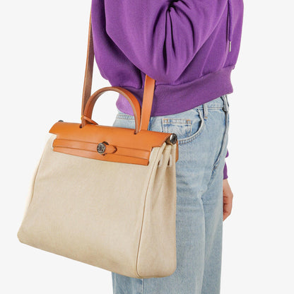Hermès Herbag PM 30 2-Wege-Tasche aus Vache Hunter Leder und Toile Canvas in Ecru Beige Naturel mit Palladium-Hardware, 2000