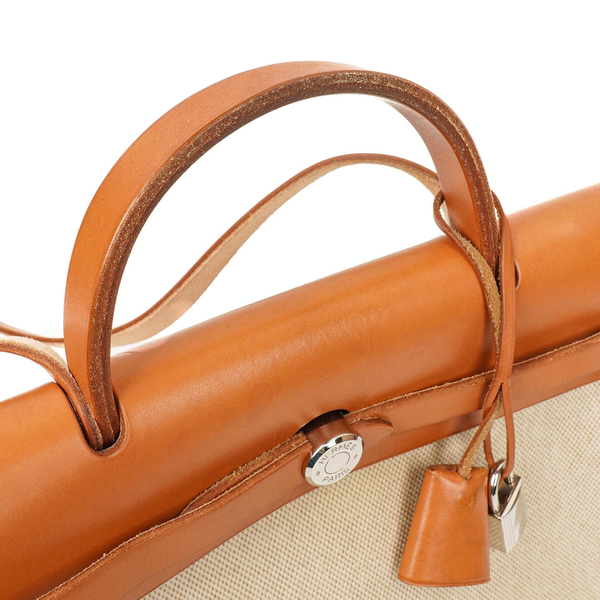 Hermès Herbag PM 30 2-Wege-Tasche aus Vache Hunter Leder und Toile Canvas in Ecru Beige Naturel mit Palladium-Hardware, 2000