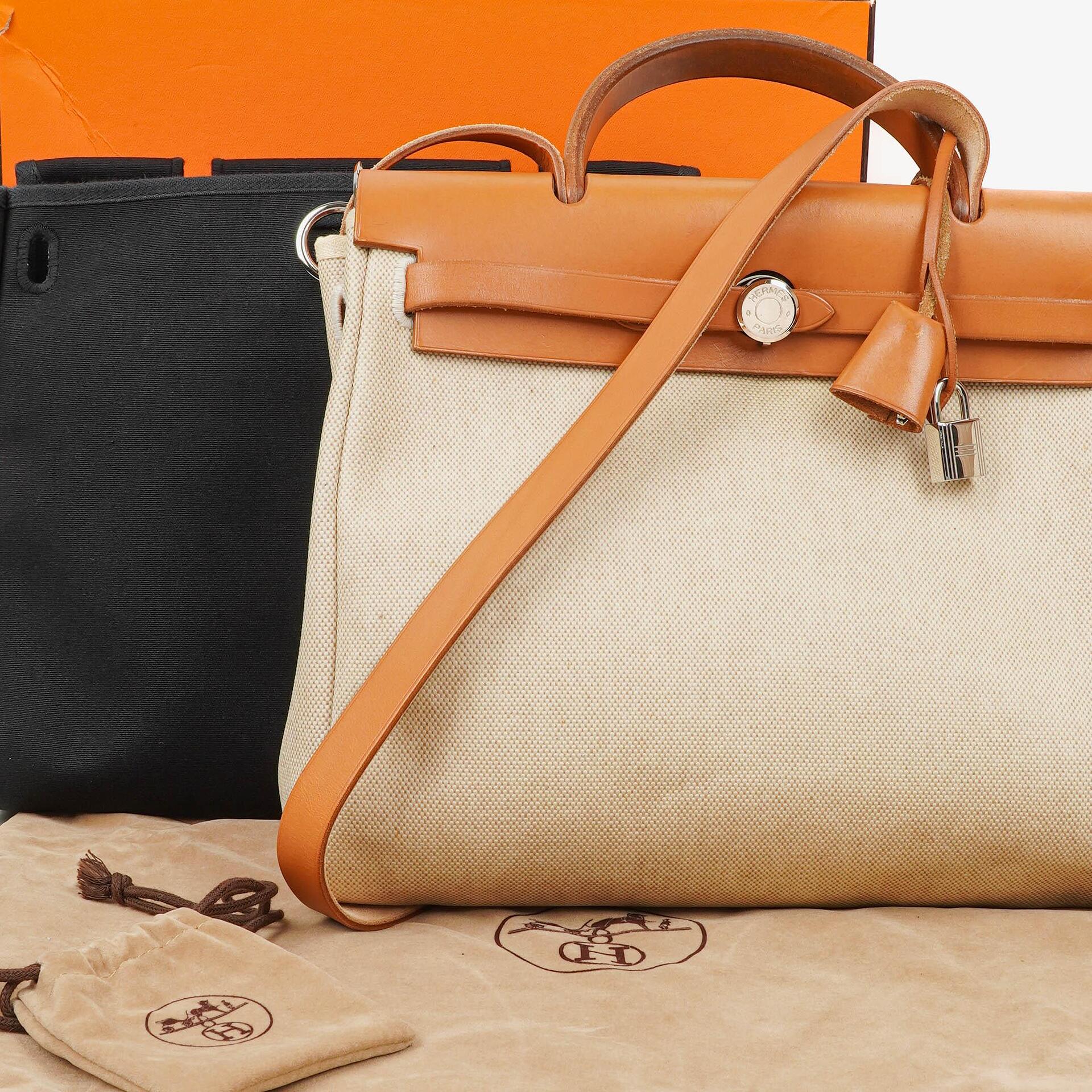 Hermès Herbag PM 30 2-Wege-Tasche aus Vache Hunter Leder und Toile Canvas in Ecru Beige Naturel mit Palladium-Hardware, 2000