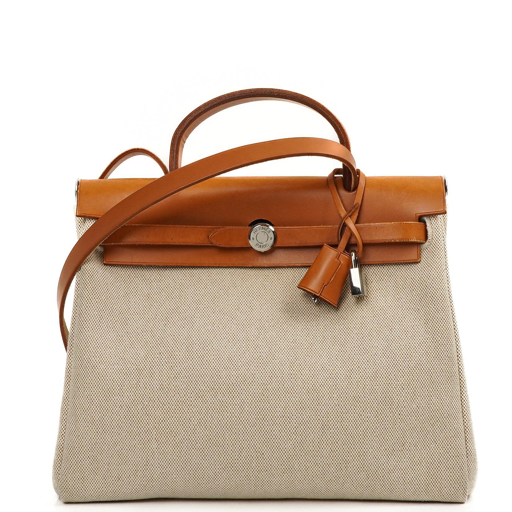 Hermes Herbag PM Vache Hunter Toile Canvas 30 Ecru Beige Naturel 2-Wege-Tasche Palladium-Beschläge, 2002