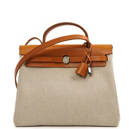 Hermes Herbag PM Vache Hunter Toile Canvas 30 Ecru Beige Naturel 2-Wege-Tasche Palladium-Beschläge, 2002