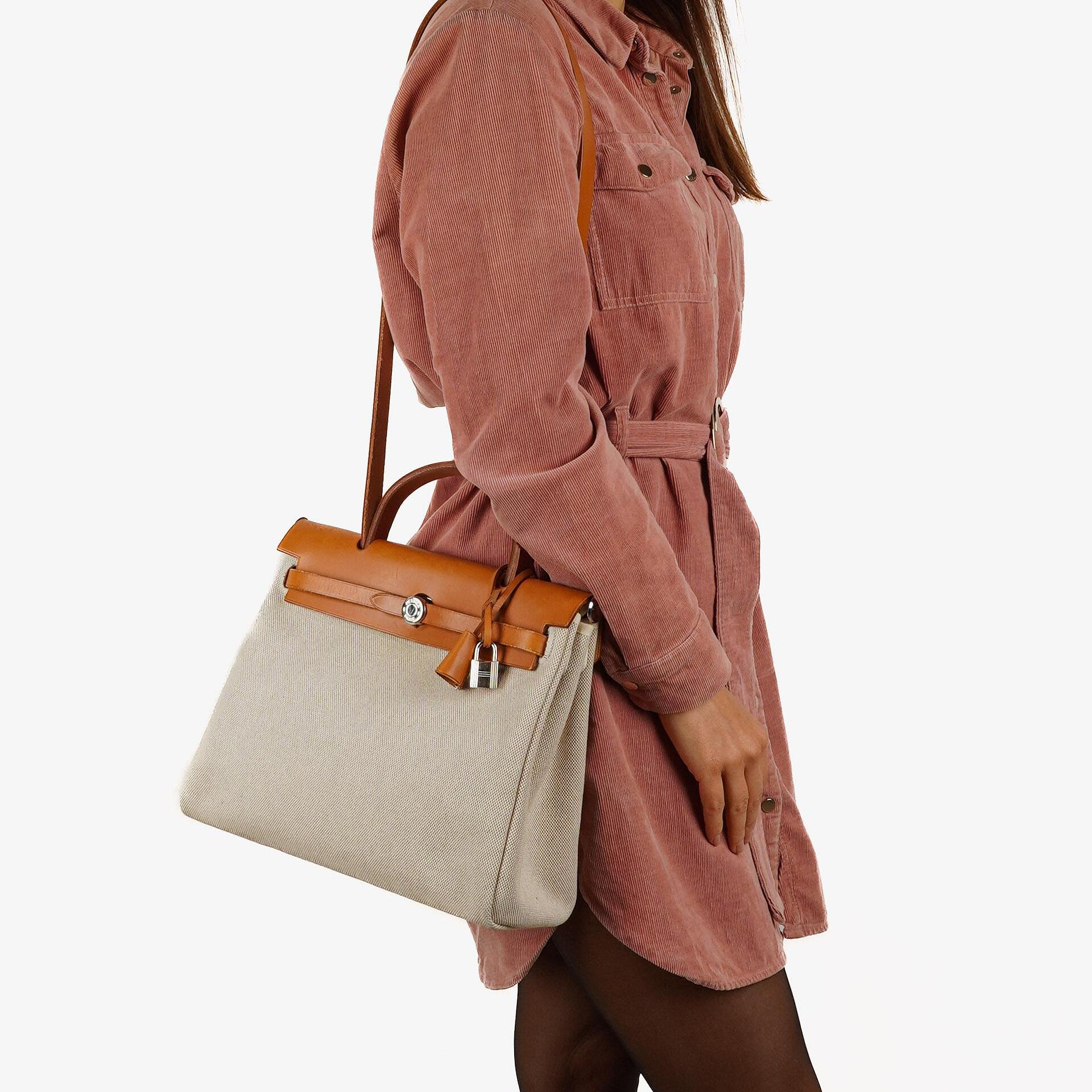Hermes Herbag PM Vache Hunter Toile Canvas 30 Ecru Beige Naturel 2-Wege-Tasche Palladium-Beschläge, 2002