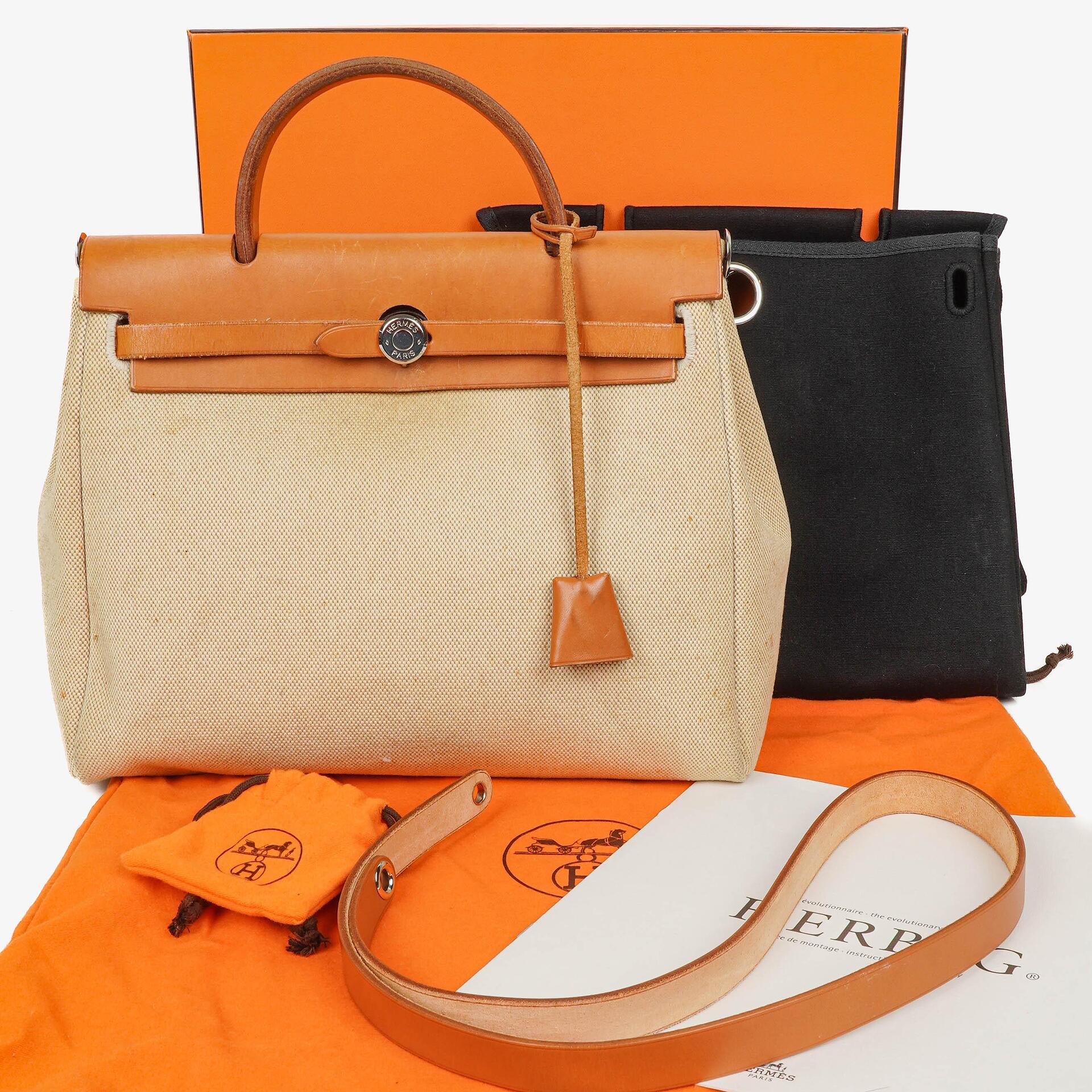 Hermès Herbag PM 30 2-Wege-Tasche aus Vache Hunter und Toile Canvas in Ecru Beige Naturel mit Palladium Beschlägen