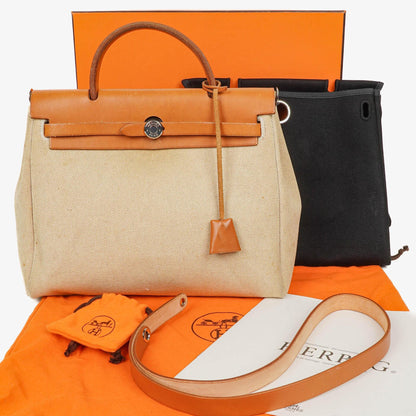 Hermès Herbag PM 30 2-Wege-Tasche aus Vache Hunter und Toile Canvas in Ecru Beige Naturel mit Palladium Beschlägen
