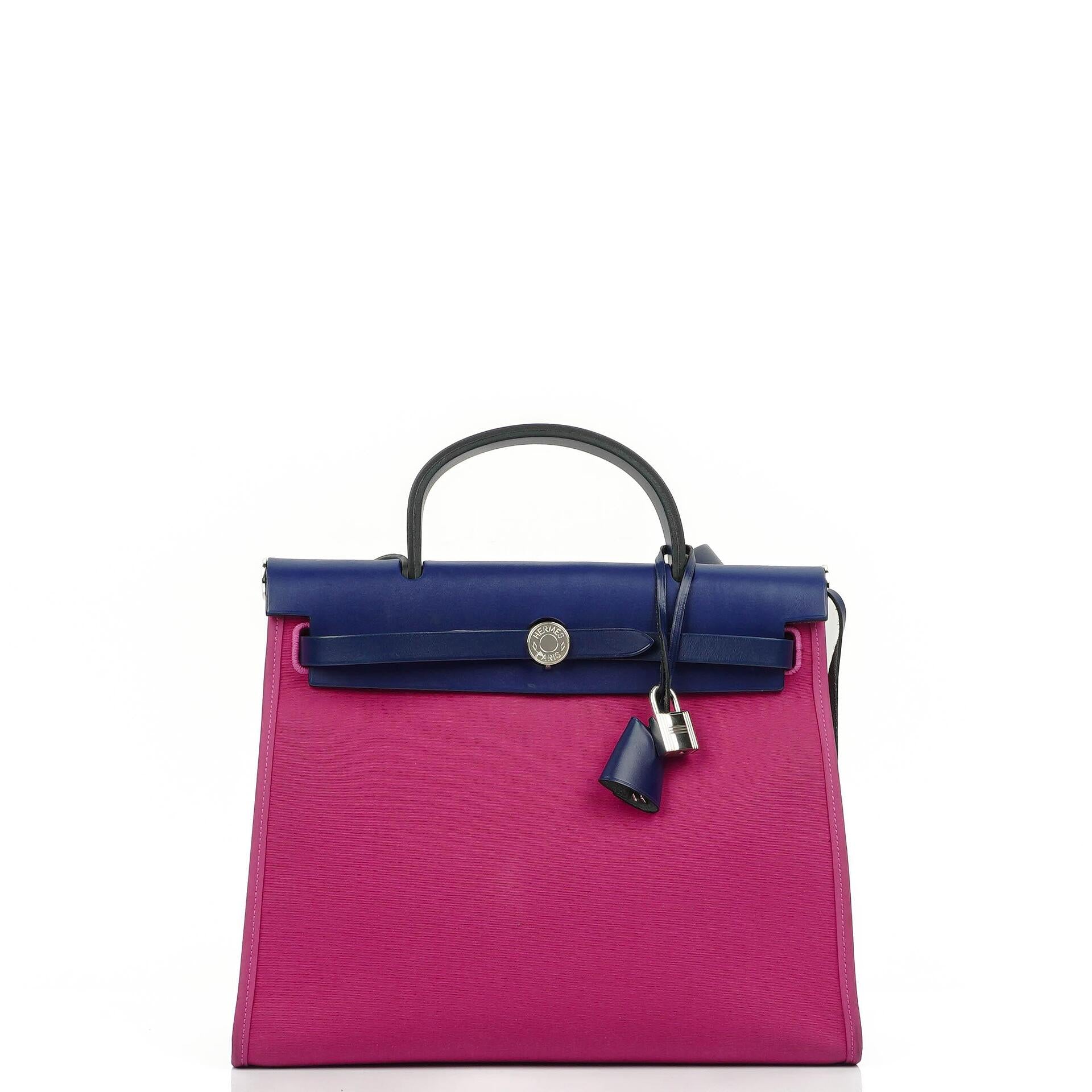 Hermes Herbag Zip 31 PM Bleu Saphir Vache Hunter Magnolia Canvas mit Palladium Beschlägen