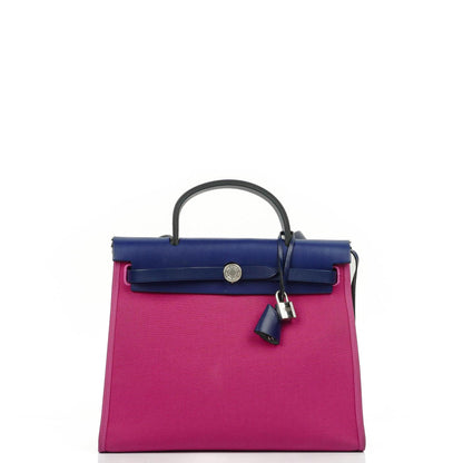 Hermes Herbag Zip 31 PM Bleu Saphir Vache Hunter Magnolia Canvas mit Palladium Beschlägen