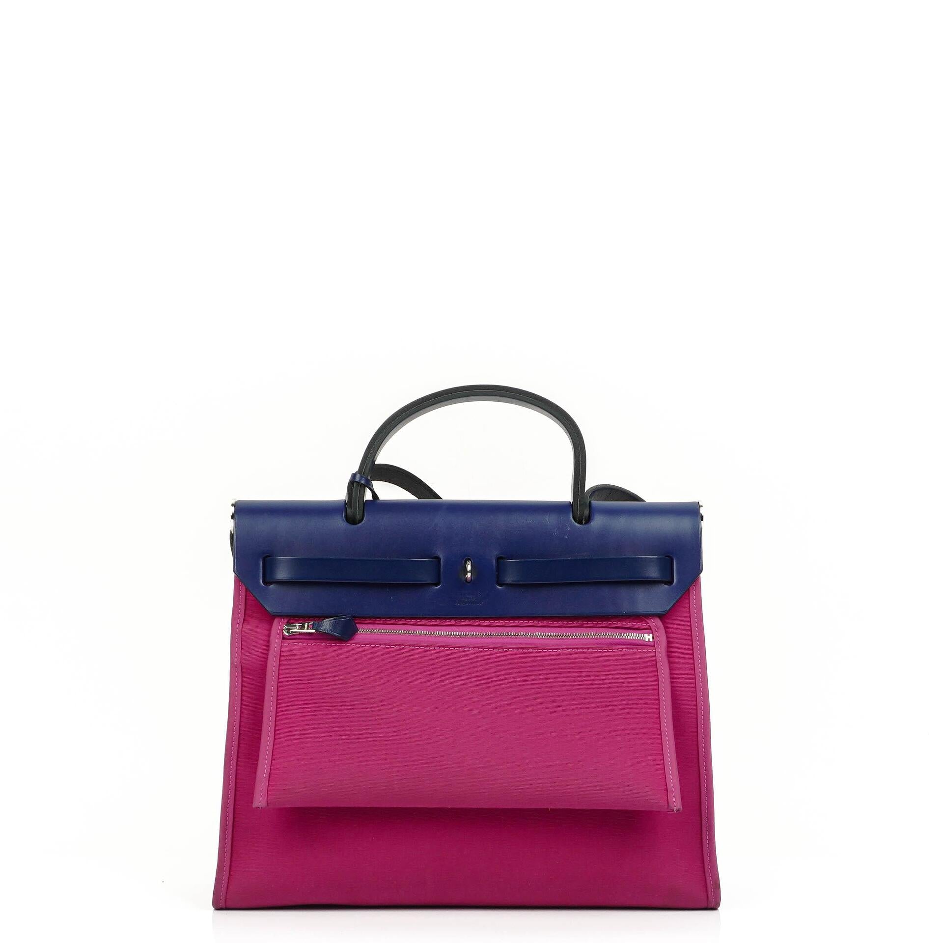 Hermes Herbag Zip 31 PM Bleu Saphir Vache Hunter Magnolia Canvas mit Palladium Beschlägen