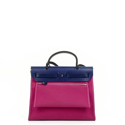 Hermes Herbag Zip 31 PM Bleu Saphir Vache Hunter Magnolia Canvas mit Palladium Beschlägen