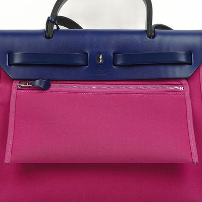 Hermes Herbag Zip 31 PM Bleu Saphir Vache Hunter Magnolia Canvas mit Palladium Beschlägen