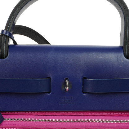 Hermes Herbag Zip 31 PM Bleu Saphir Vache Hunter Magnolia Canvas mit Palladium Beschlägen