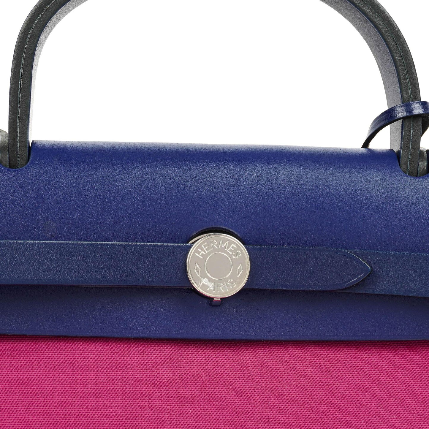 Hermes Herbag Zip 31 PM Bleu Saphir Vache Hunter Magnolia Canvas mit Palladium Beschlägen