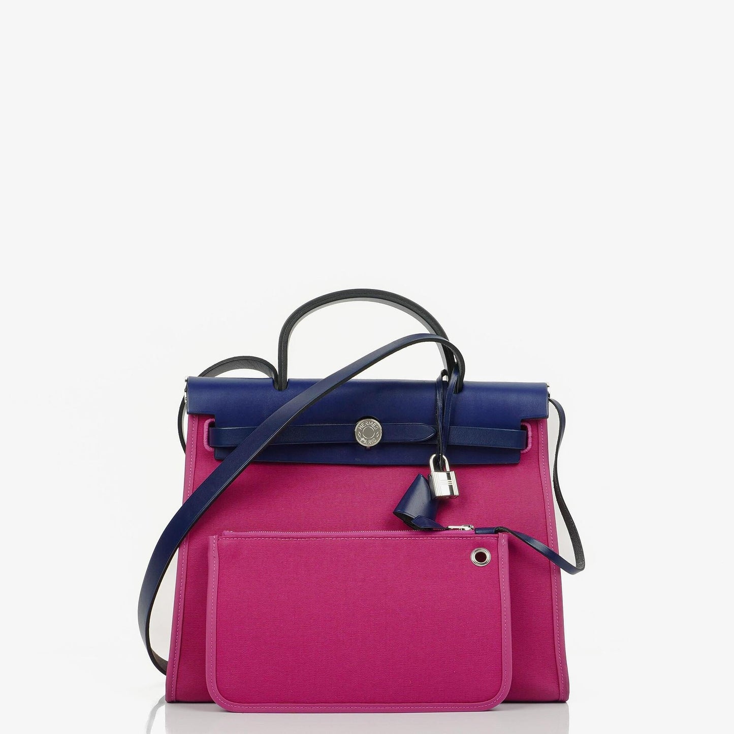 Hermes Herbag Zip 31 PM Bleu Saphir Vache Hunter Magnolia Canvas mit Palladium Beschlägen
