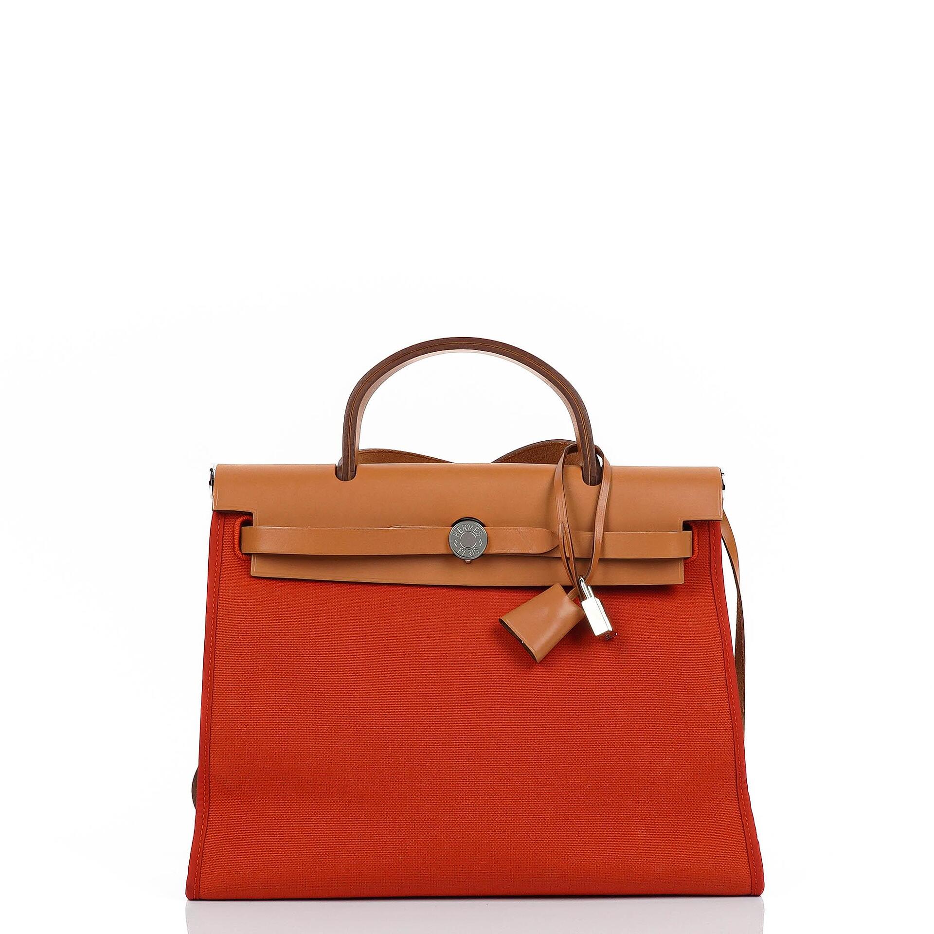 Hermes Herbag Zip 31 PM Fauve Vache Hunter Capucine Canvas mit Palladium Beschlägen