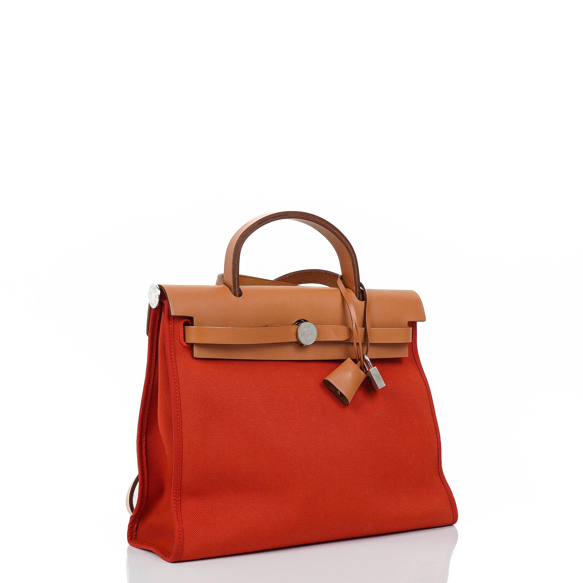 Hermes Herbag Zip 31 PM Fauve Vache Hunter Capucine Canvas mit Palladium Beschlägen
