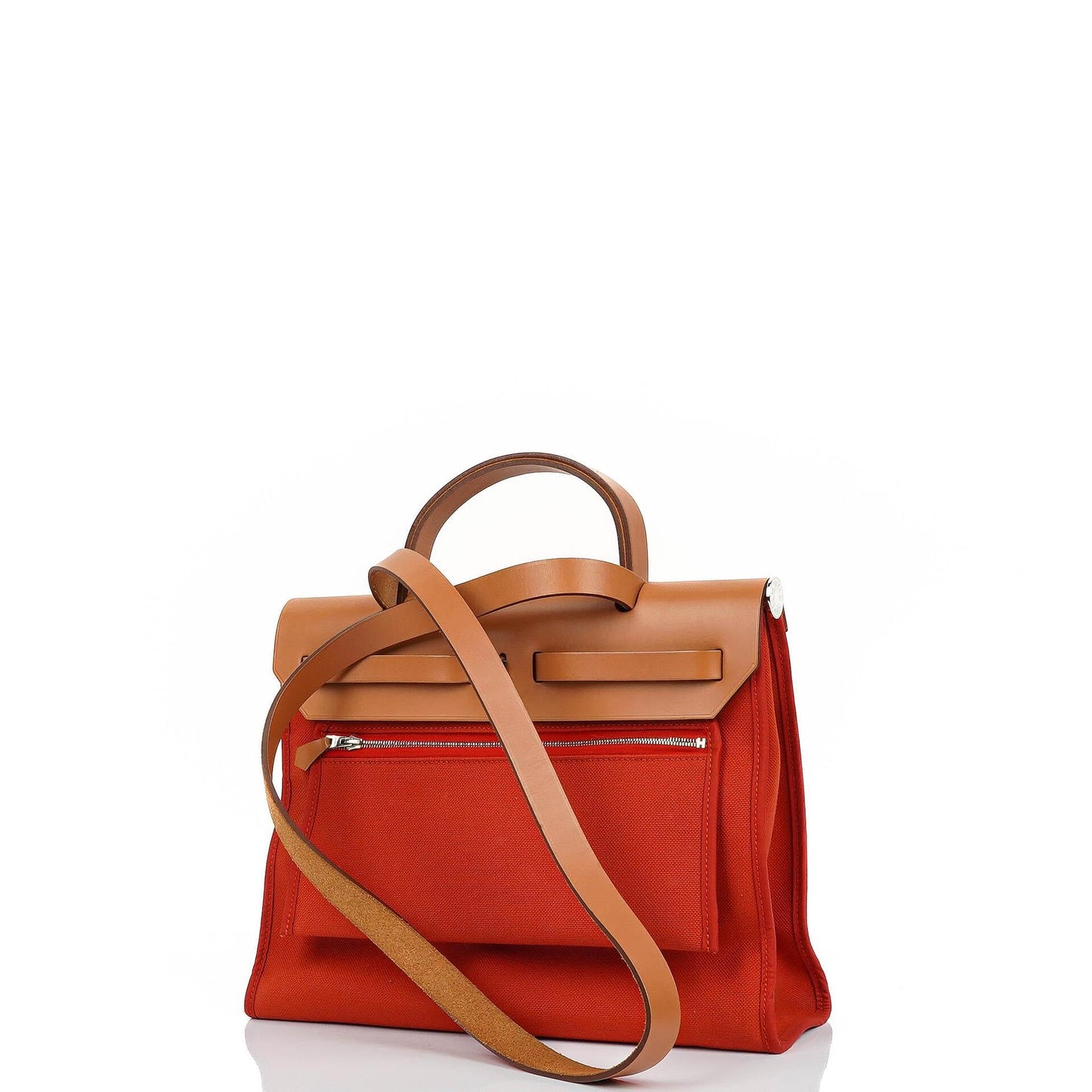 Hermes Herbag Zip 31 PM Fauve Vache Hunter Capucine Canvas mit Palladium Beschlägen