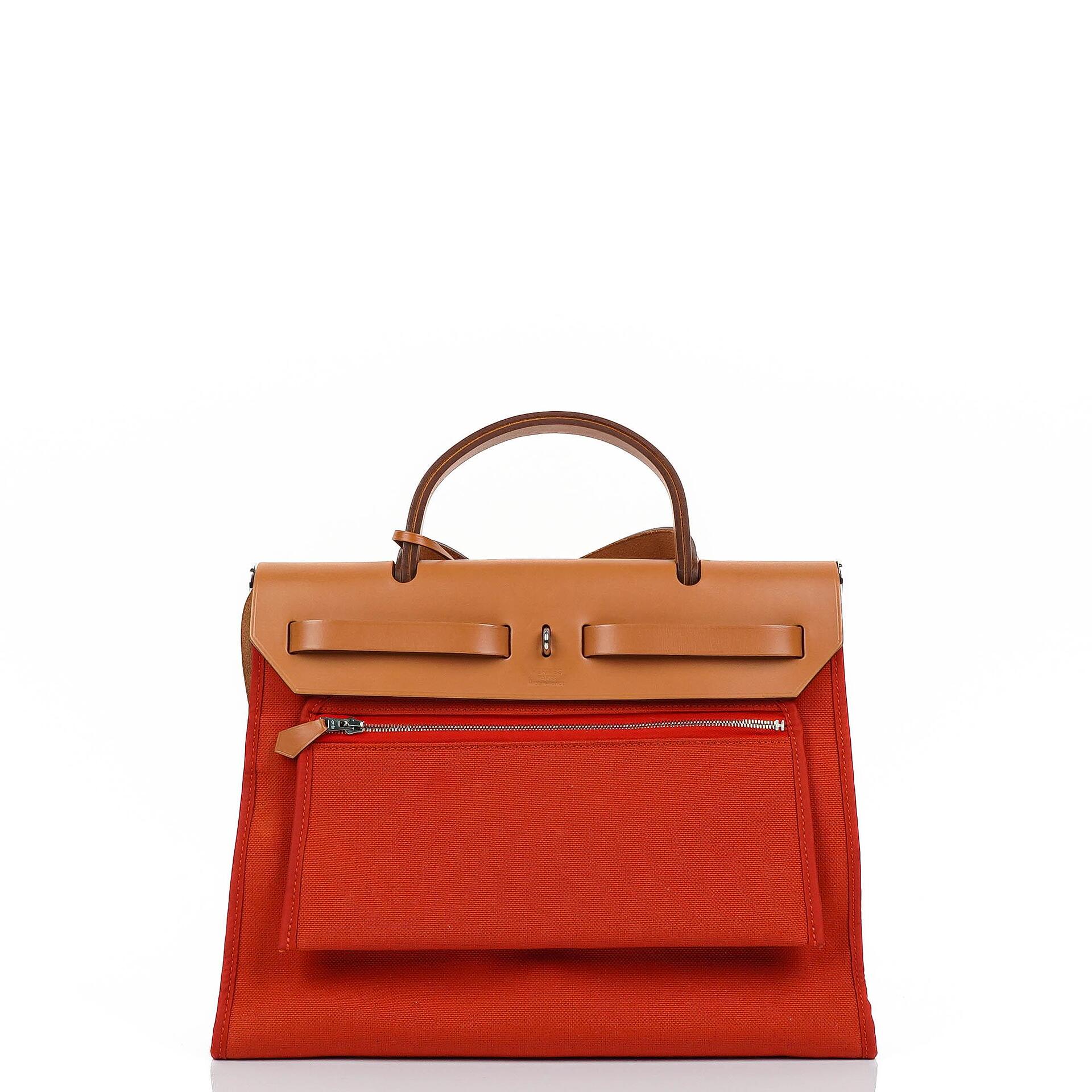 Hermes Herbag Zip 31 PM Fauve Vache Hunter Capucine Canvas mit Palladium Beschlägen