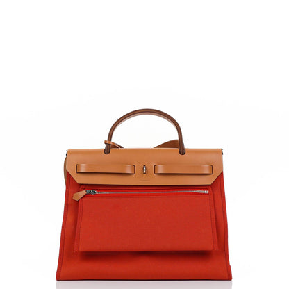 Hermes Herbag Zip 31 PM Fauve Vache Hunter Capucine Canvas mit Palladium Beschlägen