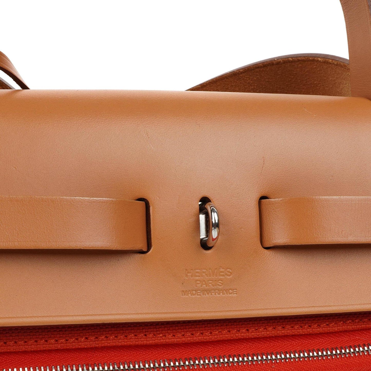 Hermes Herbag Zip 31 PM Fauve Vache Hunter Capucine Canvas mit Palladium Beschlägen