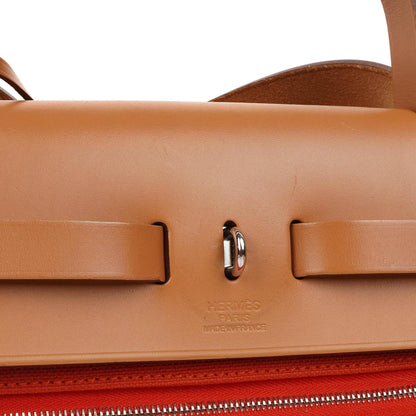 Hermes Herbag Zip 31 PM Fauve Vache Hunter Capucine Canvas mit Palladium Beschlägen