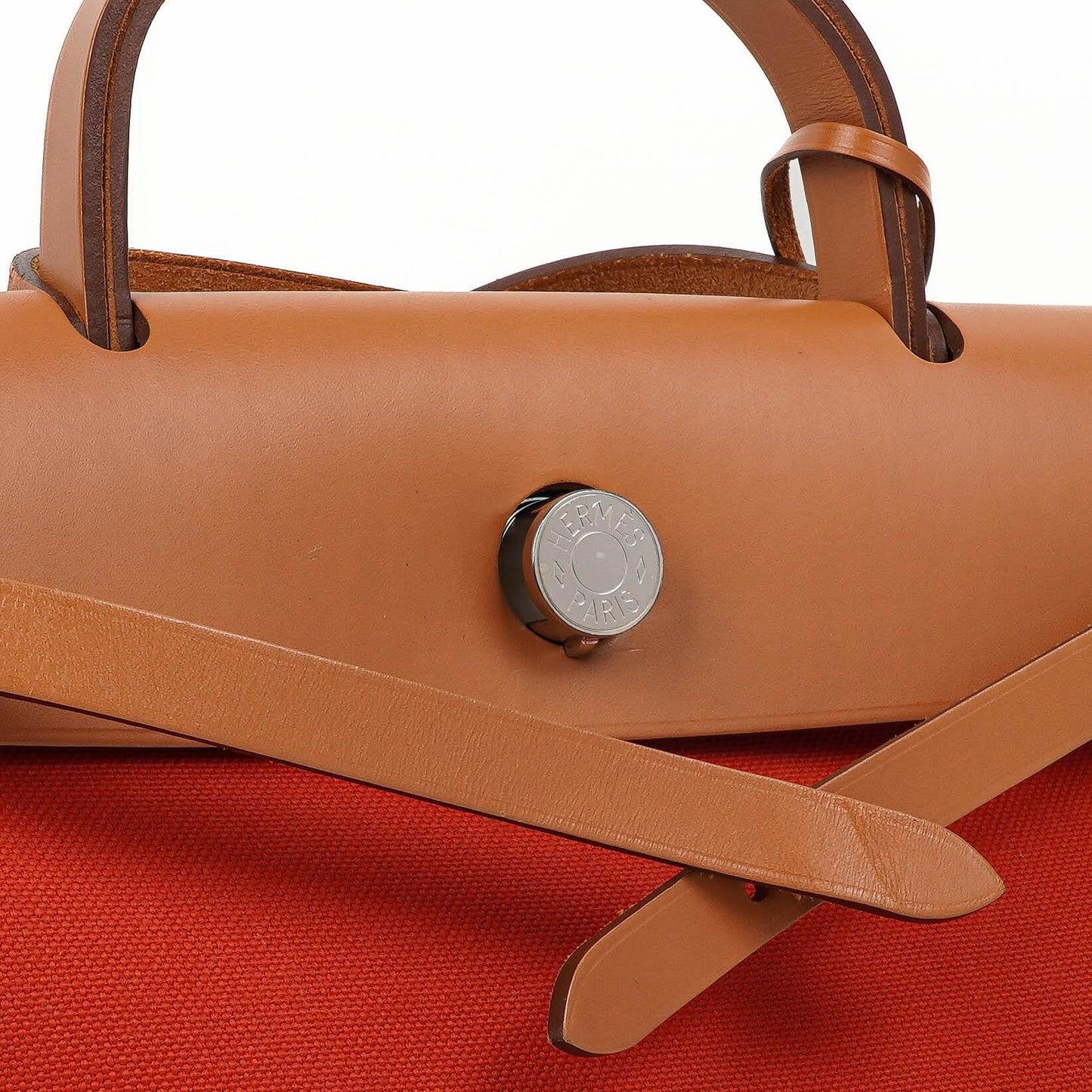 Hermes Herbag Zip 31 PM Fauve Vache Hunter Capucine Canvas mit Palladium Beschlägen