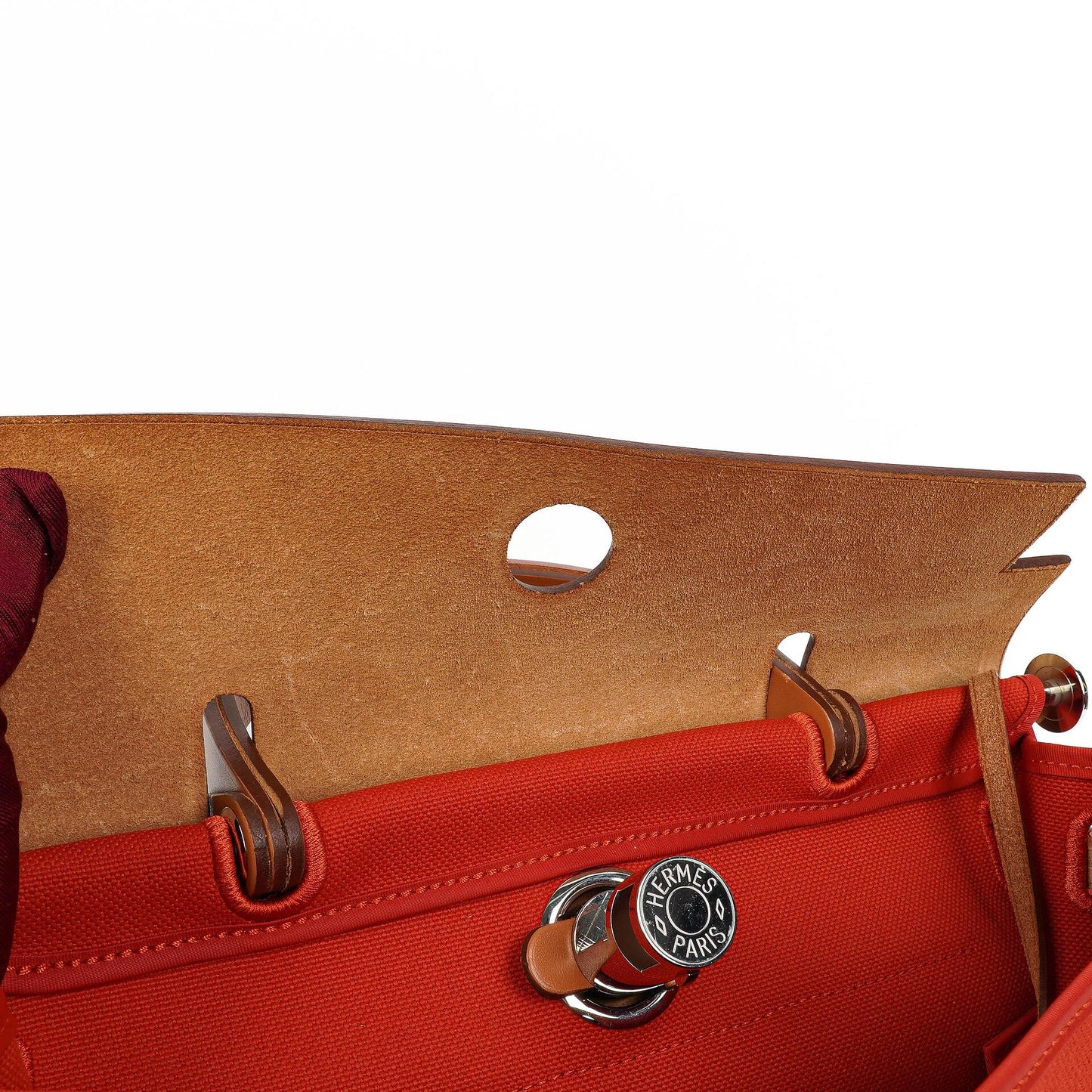 Hermes Herbag Zip 31 PM Fauve Vache Hunter Capucine Canvas mit Palladium Beschlägen