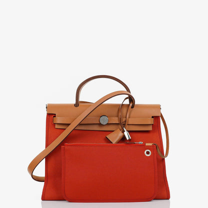 Hermes Herbag Zip 31 PM Fauve Vache Hunter Capucine Canvas mit Palladium Beschlägen