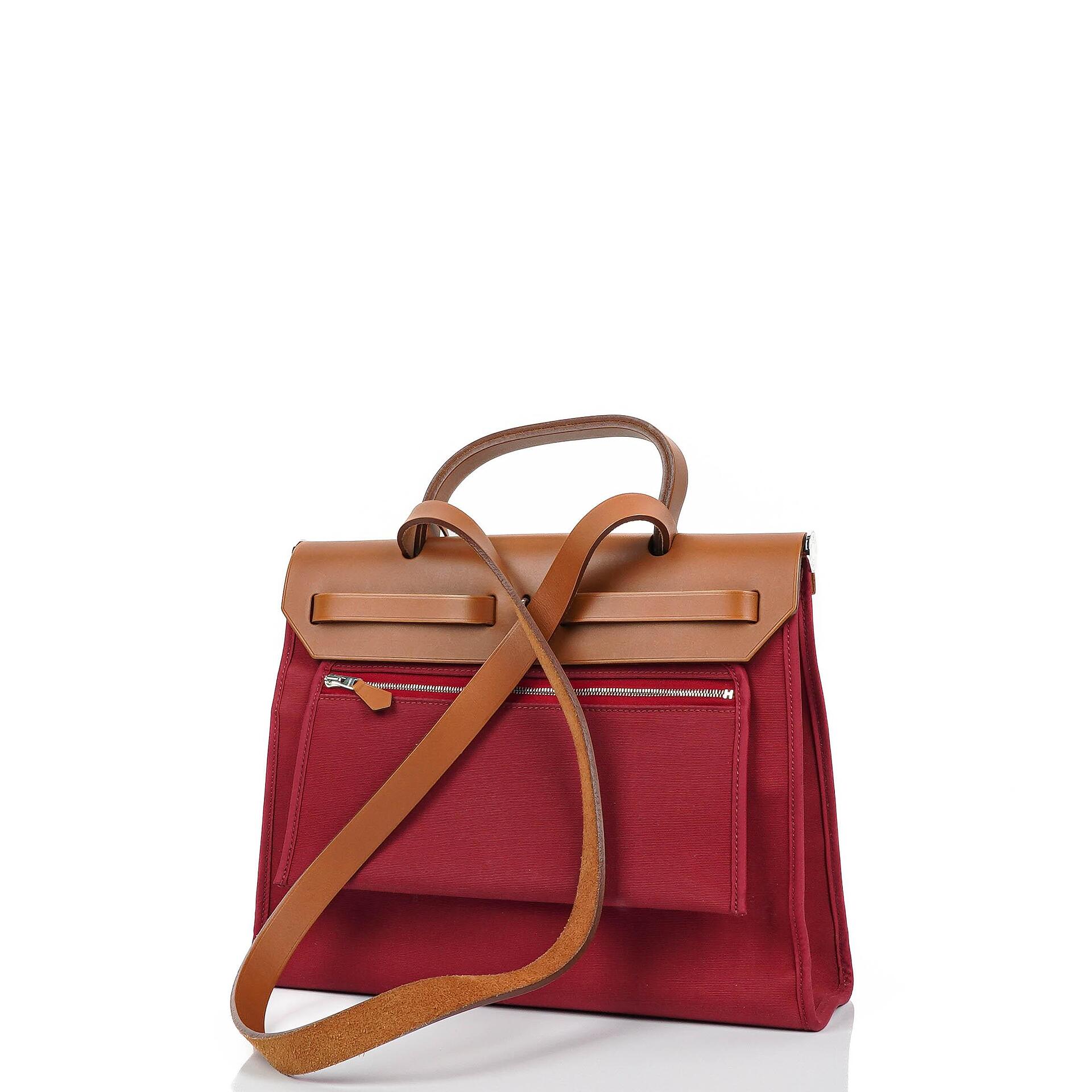 Hermès Herbag Zip 31 PM aus Fauve Vache Hunter und Rubis Toile mit Palladium-Beschlägen