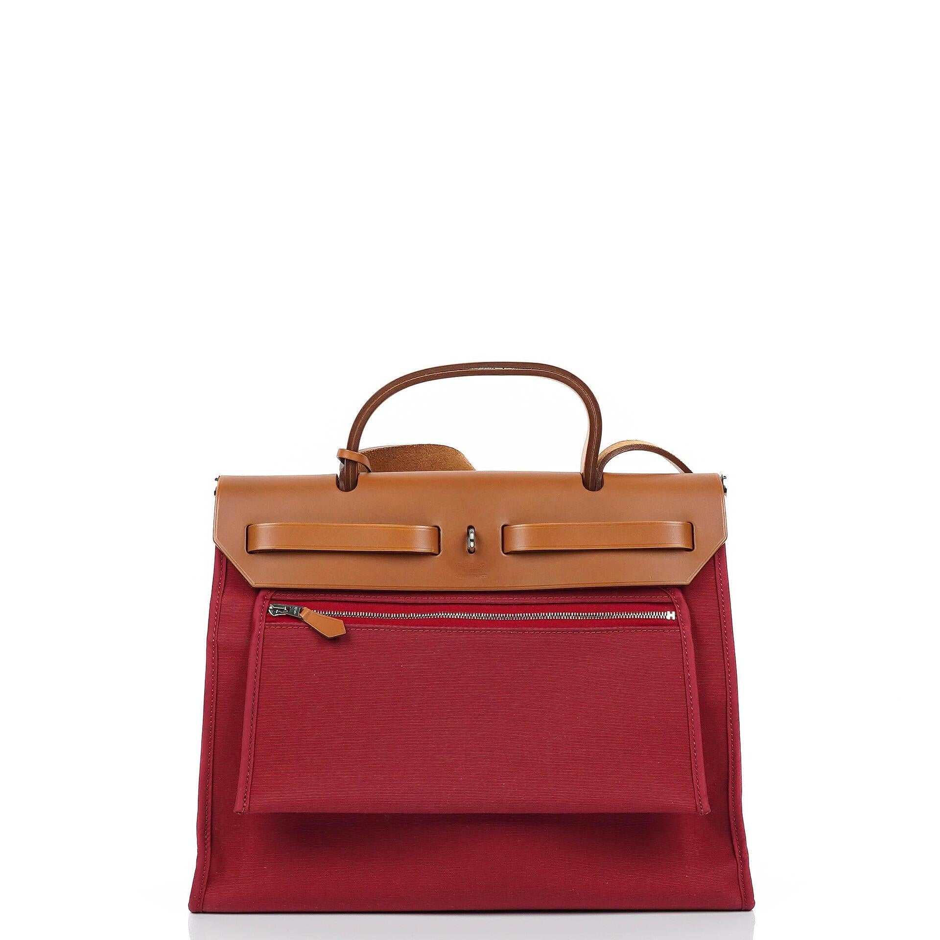 Hermès Herbag Zip 31 PM aus Fauve Vache Hunter und Rubis Toile mit Palladium-Beschlägen