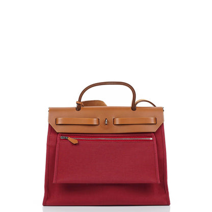 Hermès Herbag Zip 31 PM aus Fauve Vache Hunter und Rubis Toile mit Palladium-Beschlägen