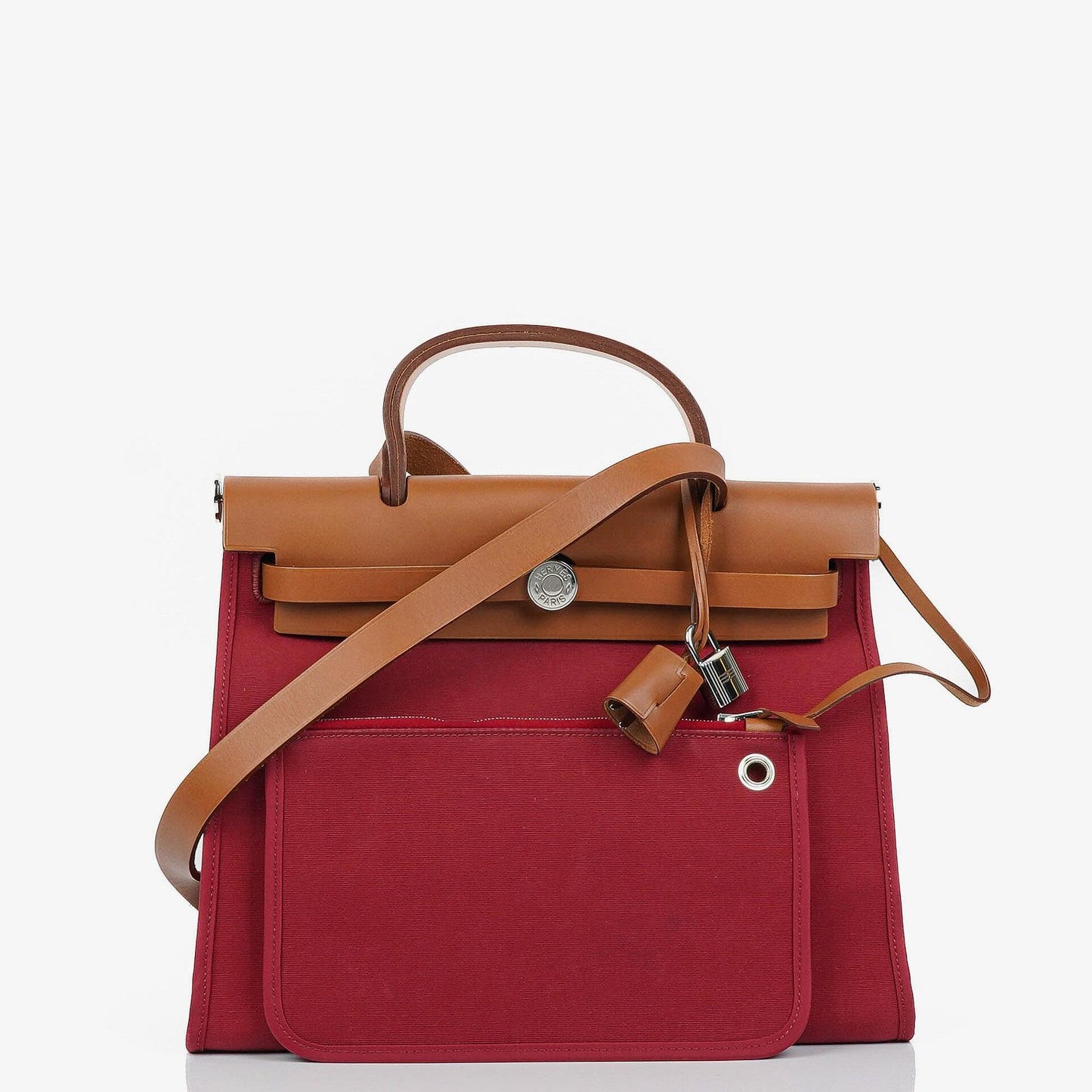 Hermès Herbag Zip 31 PM aus Fauve Vache Hunter und Rubis Toile mit Palladium-Beschlägen