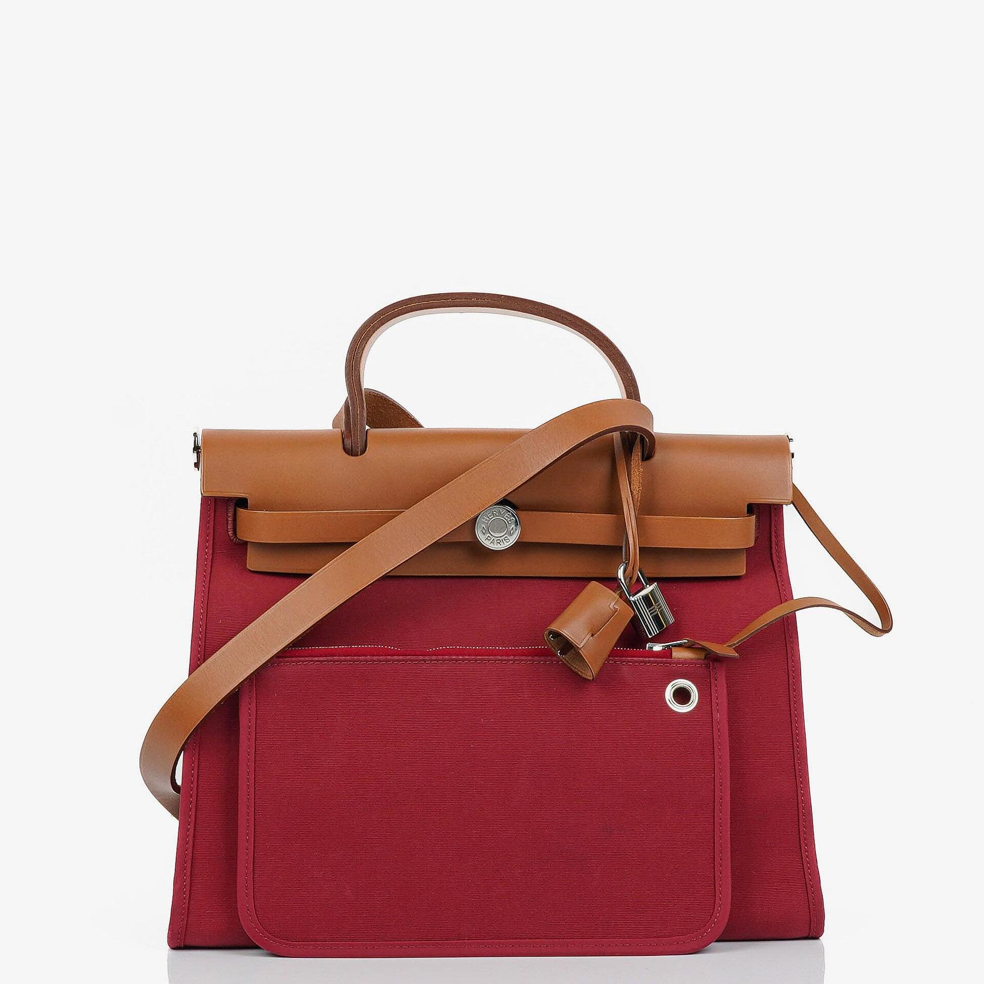 Hermès Herbag Zip 31 PM aus Fauve Vache Hunter und Rubis Toile mit Palladium-Beschlägen