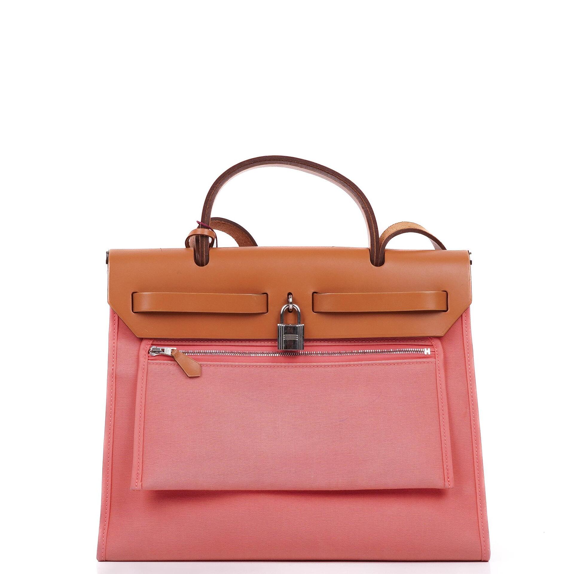 Hermès Herbag Zip 31 PM aus Vache Hunter Naturel Rose Azalee Canvas mit Palladium-Hardware