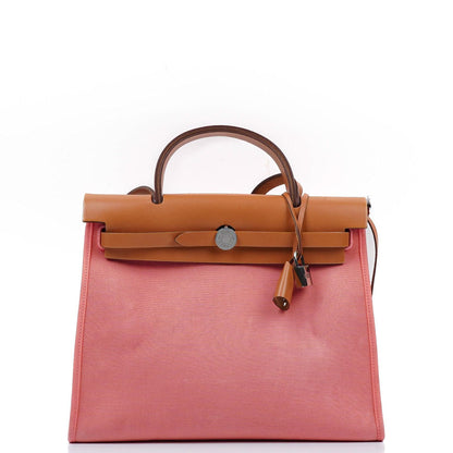 Hermès Herbag Zip 31 PM aus Vache Hunter Naturel Rose Azalee Canvas mit Palladium-Hardware