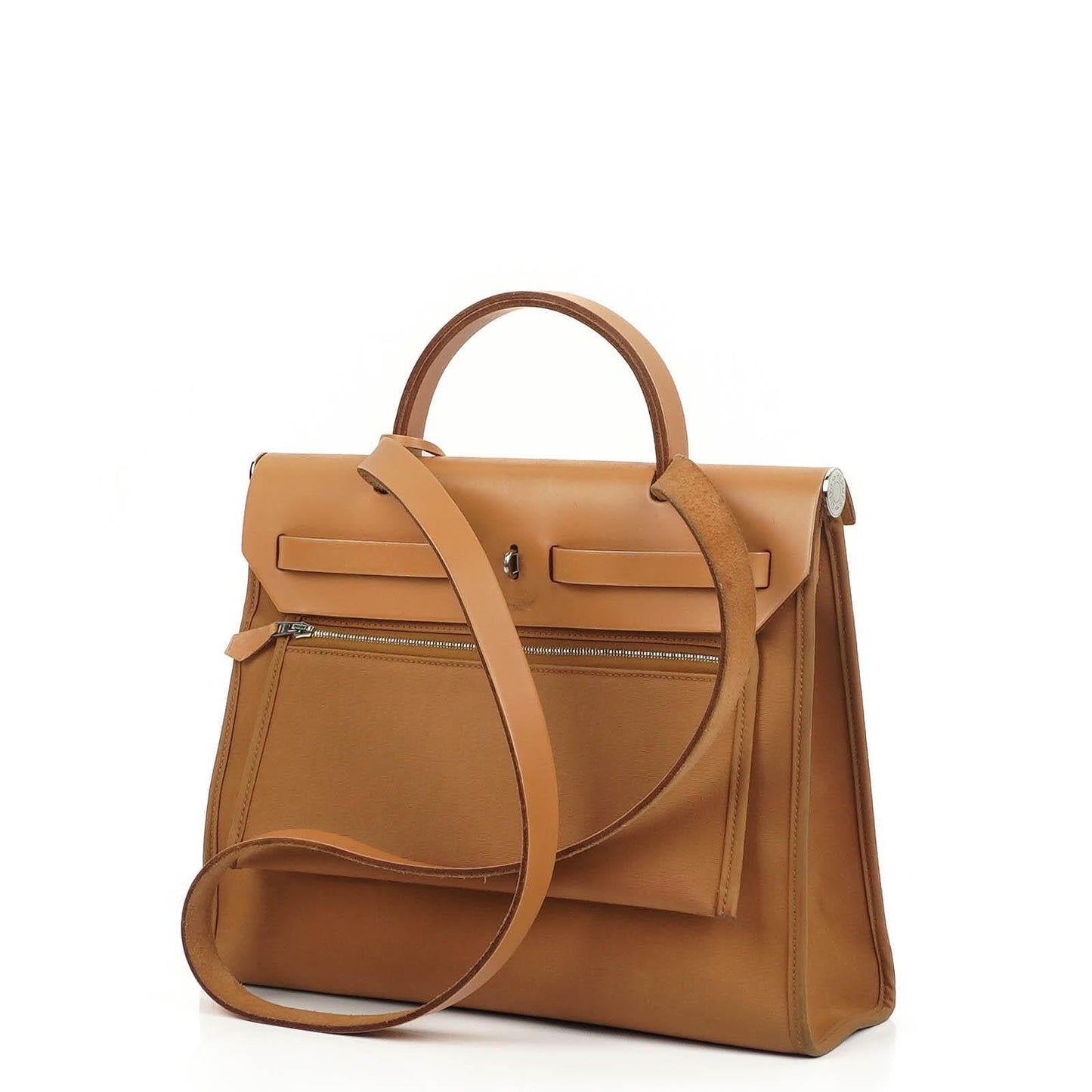 Hermès Herbag Zip 31 PM aus Vache Hunter Canvas in Dune/Sable Naturel und Orange mit Palladium-Hardware