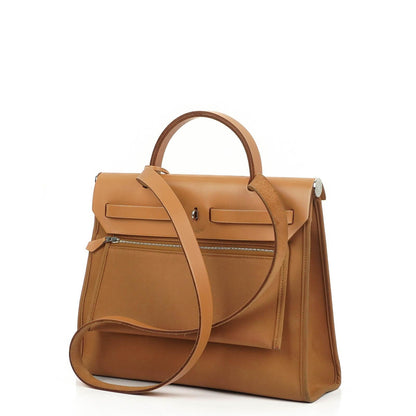 Hermès Herbag Zip 31 PM aus Vache Hunter Canvas in Dune/Sable Naturel und Orange mit Palladium-Hardware