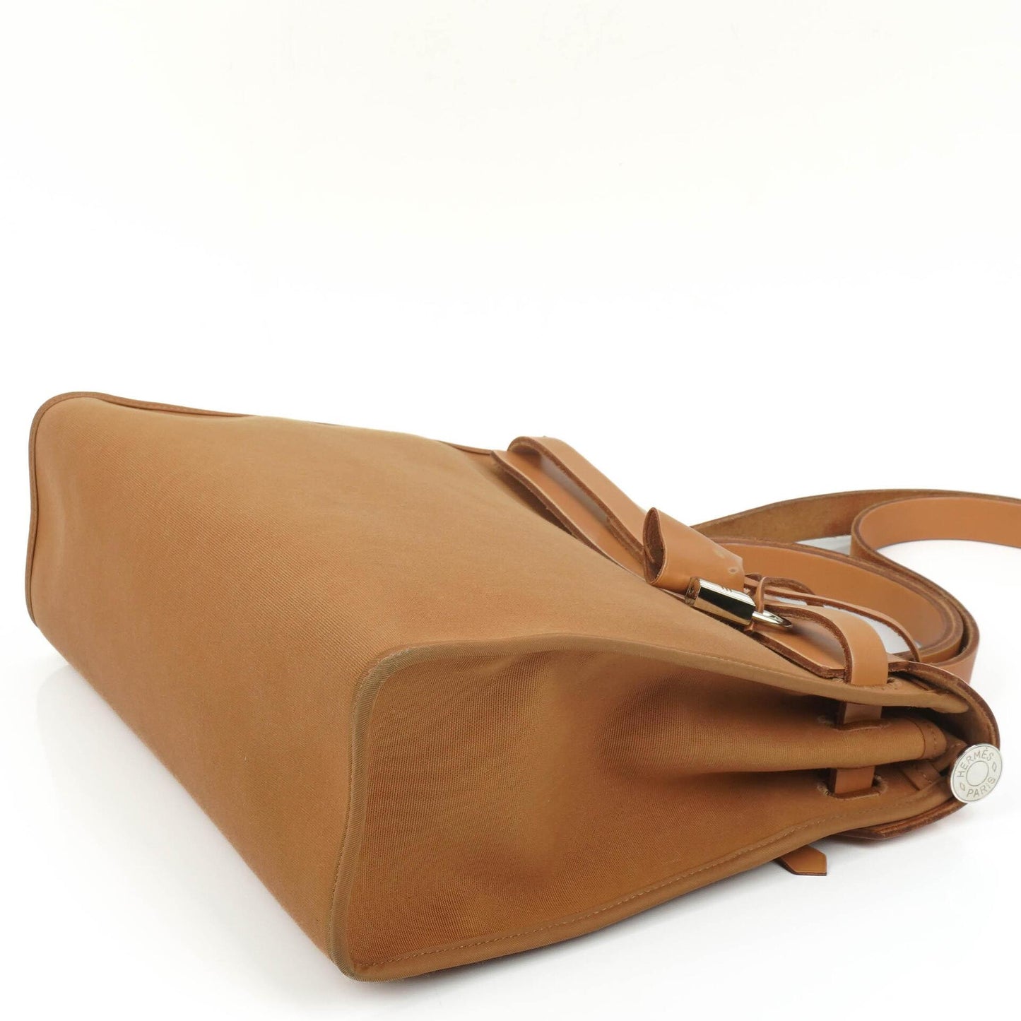 Hermès Herbag Zip 31 PM aus Vache Hunter Canvas in Dune/Sable Naturel und Orange mit Palladium-Hardware