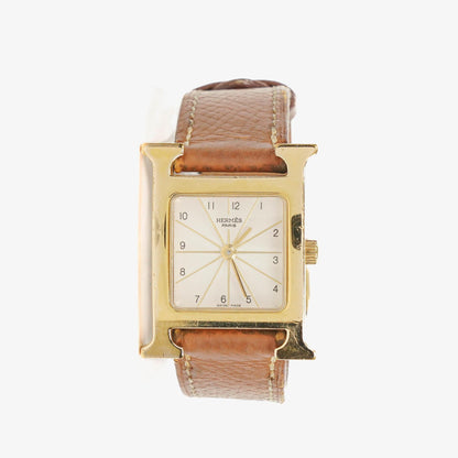Hermès Heure H PM 21 mm Quarzuhr, vergoldet und braunes Leder, HH1.210