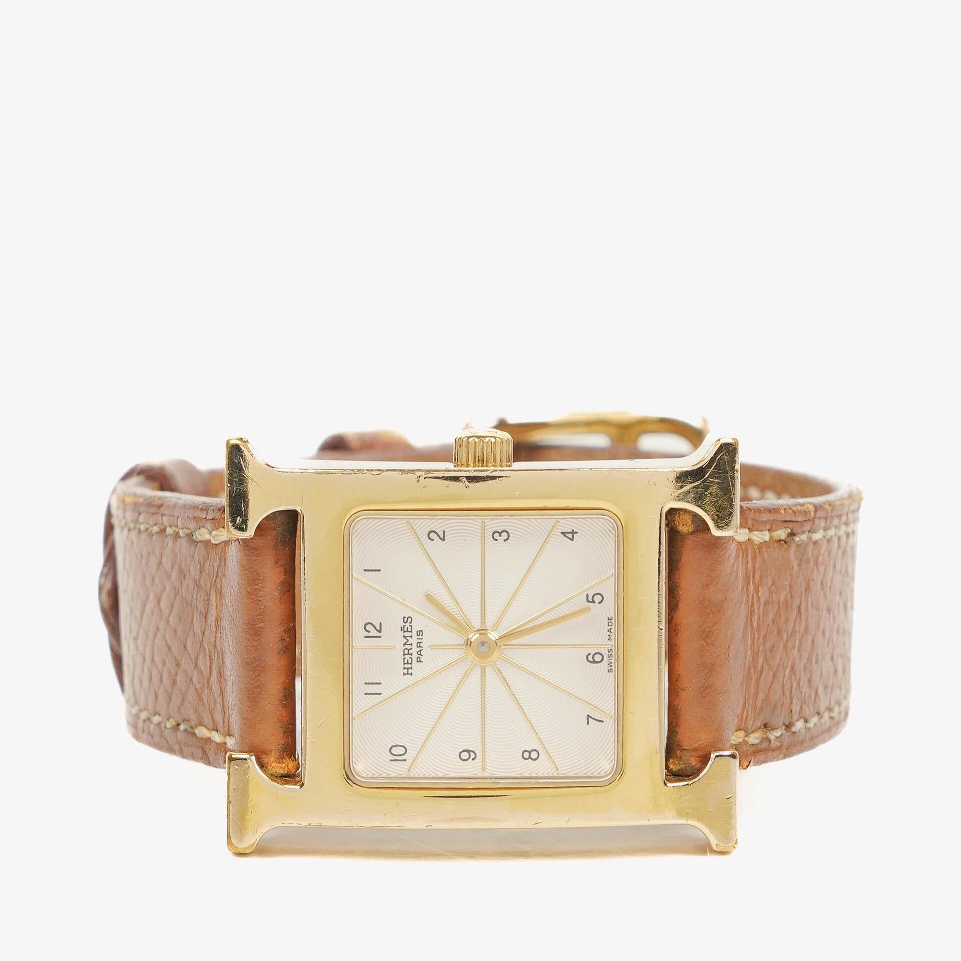 Hermès Heure H PM 21 mm Quarzuhr, vergoldet und braunes Leder, HH1.210