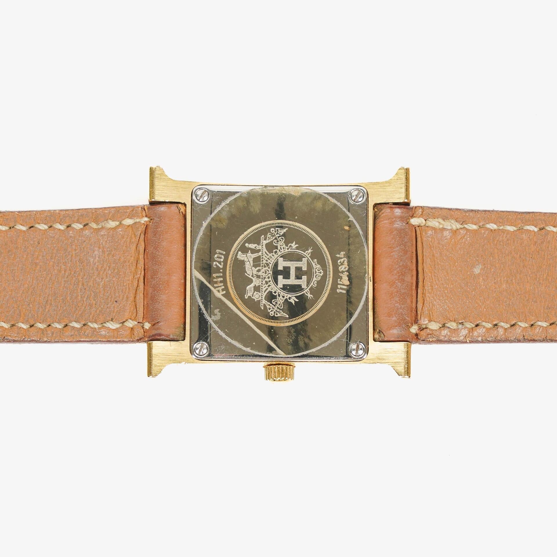 Hermès Heure H PM 21 mm Quarzuhr, vergoldet und braunes Leder, HH1.210