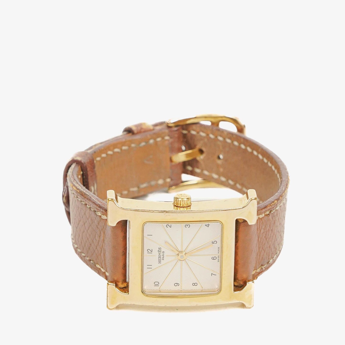 Hermès Heure H PM 21 mm Quarzuhr, vergoldet und braunes Leder, HH1.210