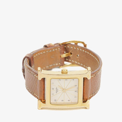 Hermès Heure H PM 21 mm Quarzuhr, vergoldet und braunes Leder, HH1.210