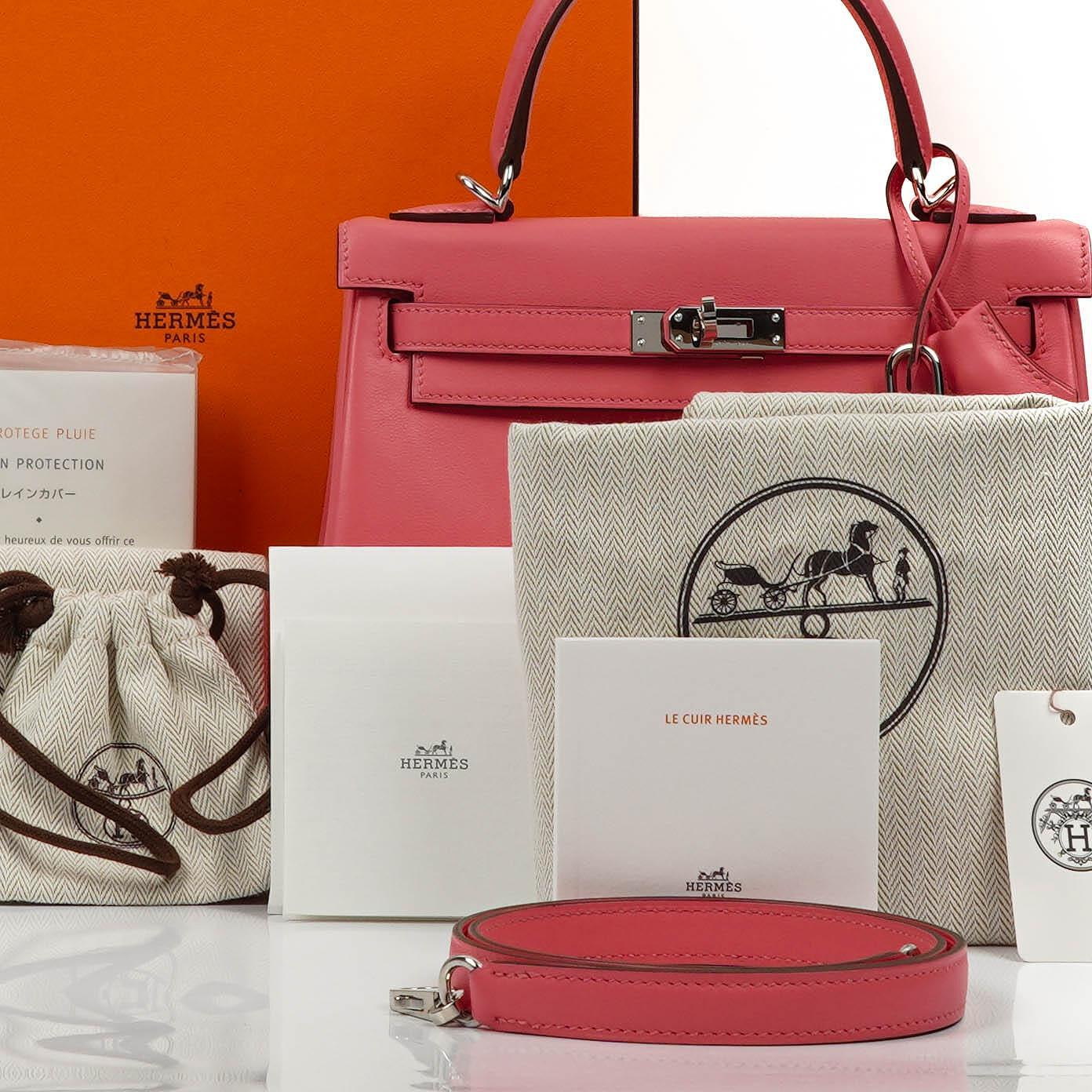 Hermes Kelly 25 Retourne Rose Azalee Swift Leder mit Palladium-Beschlägen