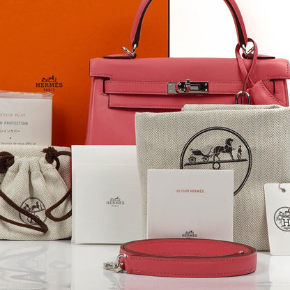 Hermes Kelly 25 Retourne Rose Azalee Swift Leder mit Palladium-Beschlägen